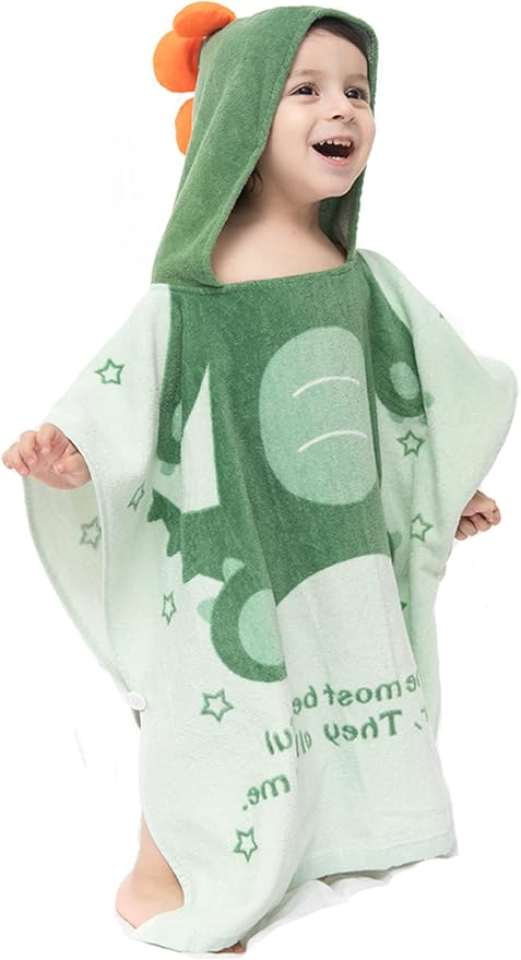 TONWHAR Kids Bath/Pool/Beach Hooded Poncho Towel-Cartoon Animal Pattern Cotton Beach Towel for Baby and Kids (Army Green Dinosaur, 5-9 Years/Height:43.3"-51.2")