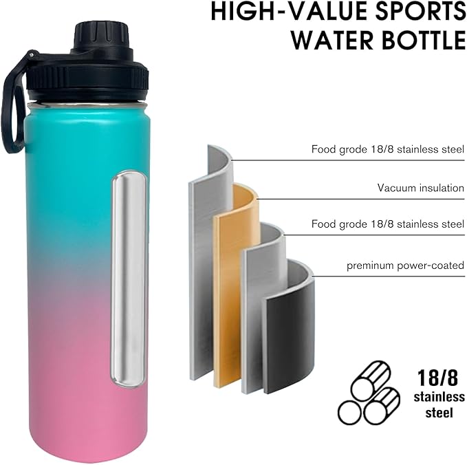 4pack 22 oz Insulated Water Bottle With Straw, Stainless Steel Sports Water Cup Flask with 2 Lids, Wide Mouth Travel Thermal Mug,Pink gradient