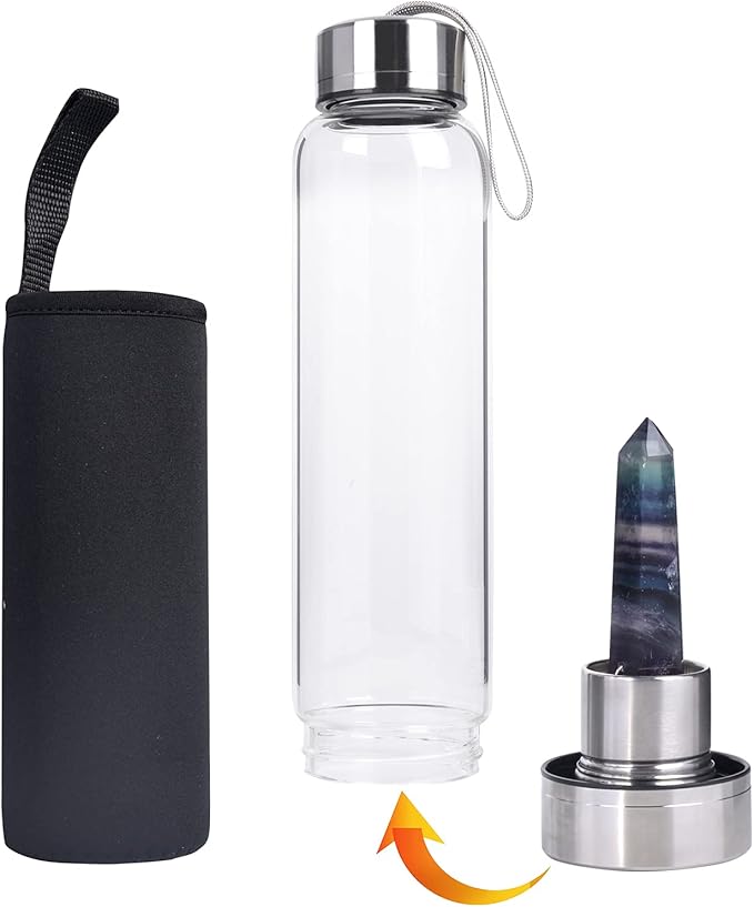 Crystal Glass Water Bottle, Glass Water Bottle with Changeable Natural Crystal Center, Quartz Gemstone Water Bottle for Natural