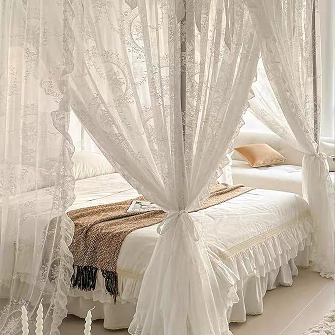 Elegant Lace Princess 4 Corner Post Mosquito Net Romantic for Girls Women Bed Curtain Canopy for Adult Wedding Bedroom Kids Rooms Decoration (Color-A, Full)