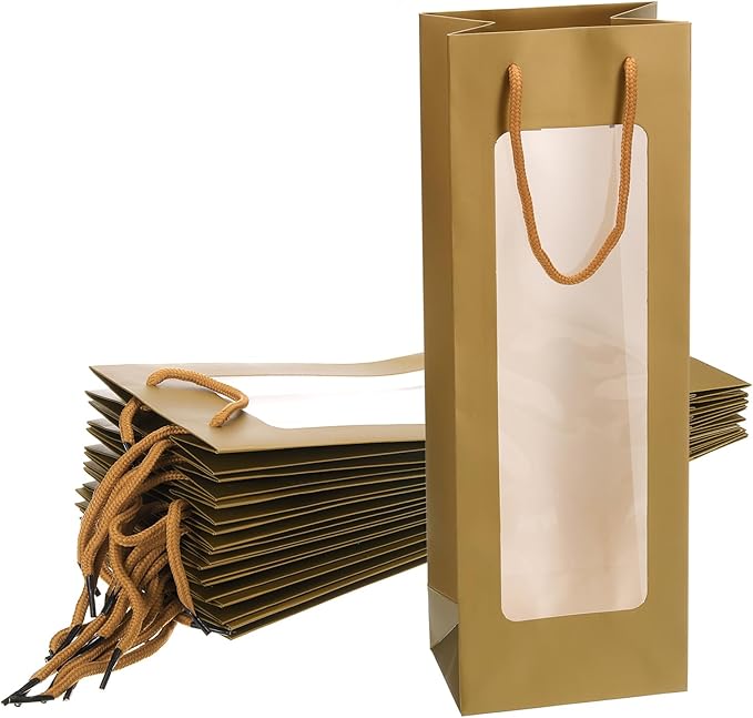 uxcell Wine Bags, 12pcs 4.92"x3.35"x14.2" Wine Gift Bags with Rope Handles, Paper Wine Tote Bag with Clear Window for Wedding Birthday Christmas Party Supplies, Gold