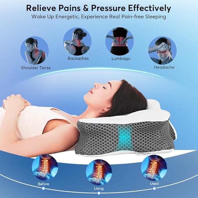 Anvo Cervical Pillow for Neck Pain Relief - Neck Pillows for Pain Relief Sleeping - Cervical Memory Foam Pillows for Neck Pain - Ergonomic Pillow for Side Back Stomach Sleeper-Grey Queen Firm