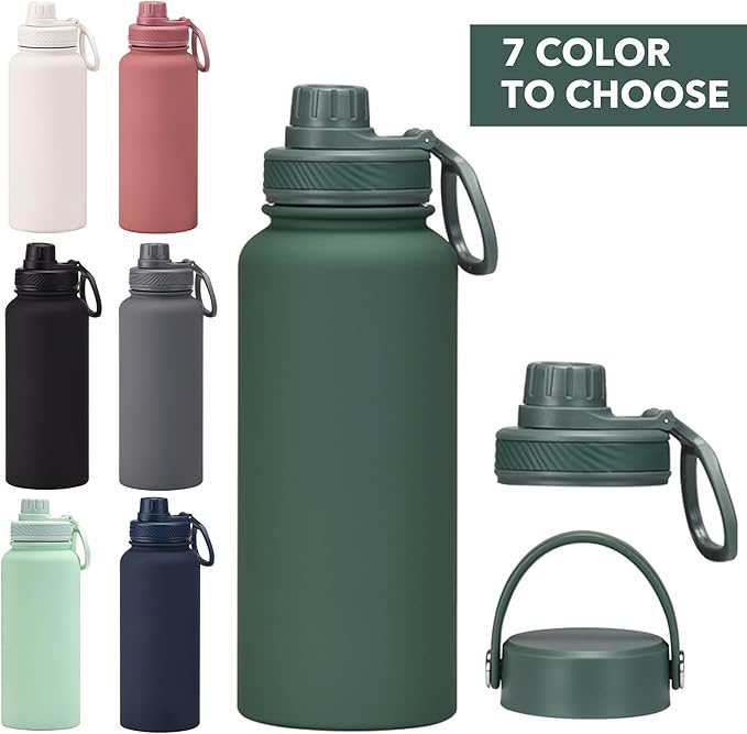 Dark Green 32 OZ Insulated Water Bottle, Forest Green Large Metal Insulated Stainless Steel Water Flask, Big Sports Travel Water Bottle with 2 Lids, Insulated Thermos Thermal Mug Cup