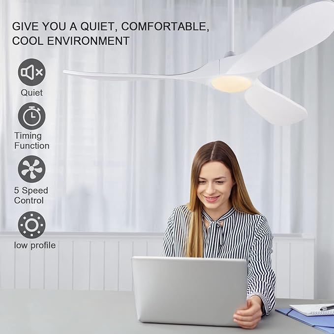 BOJUE Ceiling Fan with Lights 52 Inch Indoor Outdoor Ceiling Fan 3 Wooden Blades Remote Control with Light Modern Ceiling Fan for Terrace Living Room Bedroom (White Blades)