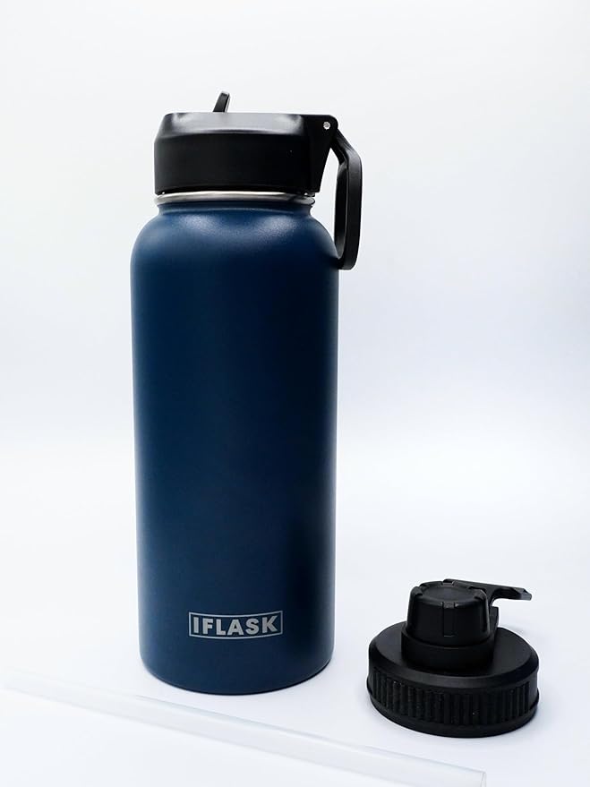 Sport Travel Outdoor Water Bottle with Spout and Straw Lids | Leak Proof | Insulated Stainless Steel Double Walled | BPA and Sweat free | Hot & Cold | For Kids Men & Women (Navy, 32 oz)