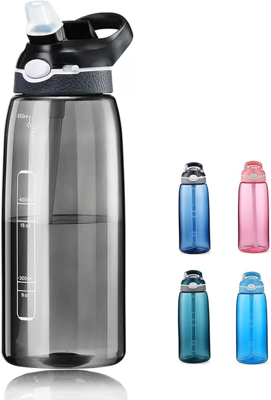 SHELFLOVER Black Water Bottle With Narrow Straw, BPA FREE Clear Bottles With Handle One Hand Use Easy Carried, Flip Up, Suit School, Office, Gym, Office For Men, 32oz (1000ml)