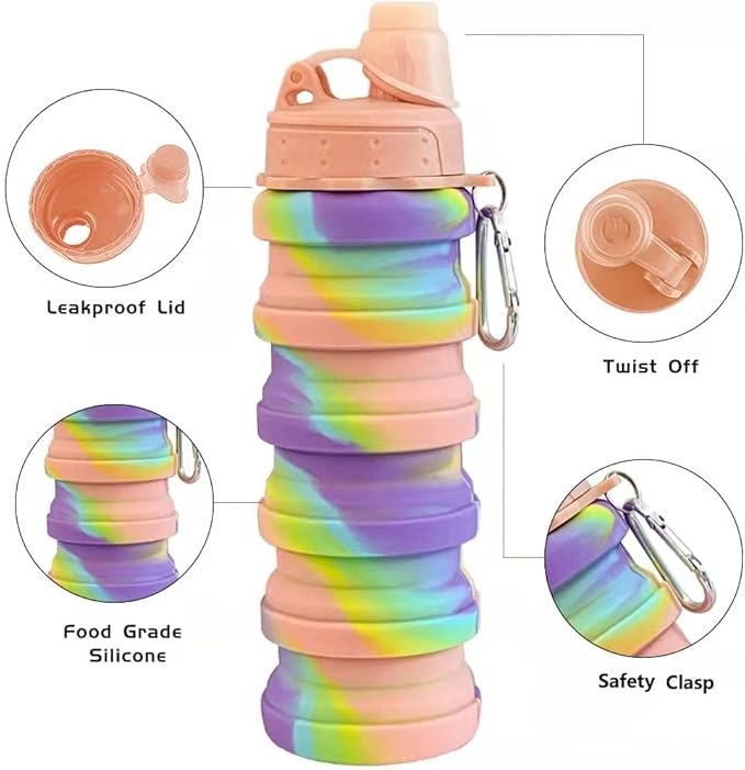 Collapsible Water Bottle Travel Water Bottle Portable Hiking Water Bottle with Leak proof Twist Cap 500ML Reusable BPA Free Silicone Water Bottles (Style1, Pink camouflage)
