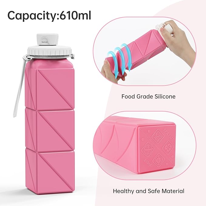 Collapsible Water bottle for Travel Cycling Gym Camping Sports,Leakproof Lid,Food Grade BPA-Free Silicone Travel Bottles 610ml -Lightweight Portable,Wide Mouth,Durable,Foldable Water Bottle