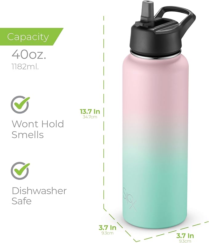 SipX™ Triple-Insulated Stainless Steel Water Bottle 40oz. With 3 Lids, BPA-Free Reusable Insulated Water Bottle Keeps Cold 24 Hours, Metal Water Bottle Made Of Sustainable Material For Hiking & Biking