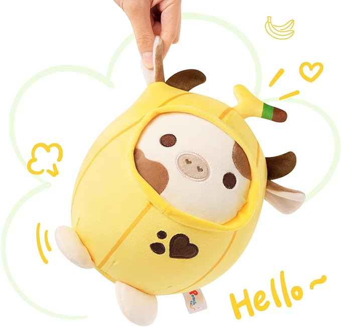 PEACH CAT Cute Banana Cow Plush Pillow Banana Cow Stuffed Animal Cow plushie with Banana Outerwear for Kids Yellow 12"