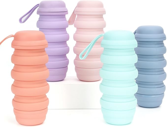 Collapsible 16 oz Water Bottle, Reusable Water Bottle, Portable Water Bottle, Pill Storage, Silcone Water Bottle, BPA Free, Vitamin Storage. (Blue)
