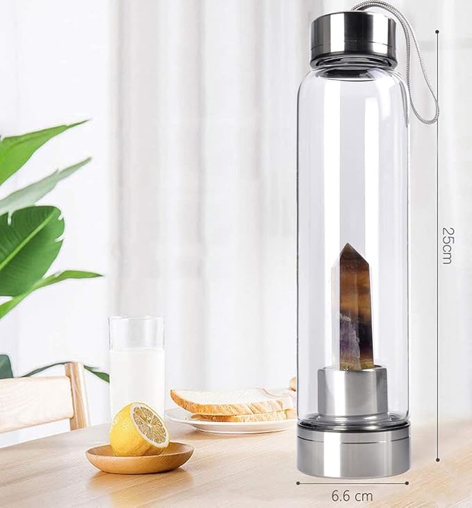 Crystal Glass Water Bottle Energy Quartz Gemstone Water Bottle with Changeable Natural Crystal Center for Healing and Wellness Yellow Fluorite