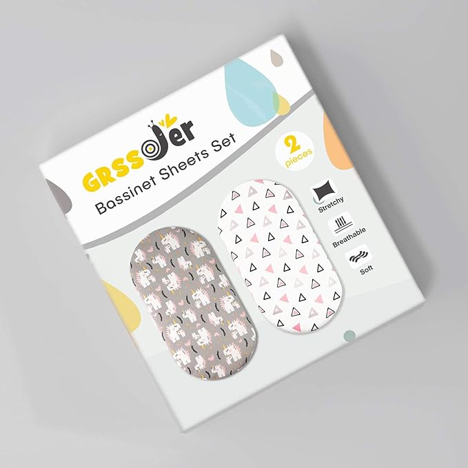 GRSSDER Stretchy Ultra Soft Fitted Bassinet Sheet Set 2 Pack, Universal Fit for Bassinets Baby Cradle Moses Basket Oval Rectangle Pad/Mattress, Dream Unicorn Bassinet Sheets for Babys and Girls