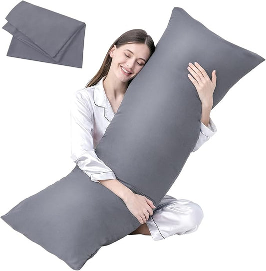 DOWNCOOL Luxury Full Body Pillow Insert with Fiber Cover - Ultra Soft Body Pillow for Sleeping - Breathable Long Bed Pillow Insert, 20"x54"(Grey, with Cover)