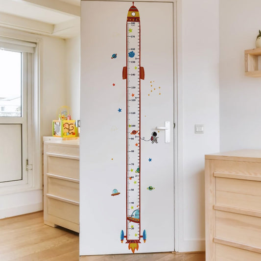 Rocket Self-adheve Vinyl Nursery Wall Decal Baby Growth Chart Sticker for Bedroom Play Room Peel and Stick Kindergarten Height Measure Mural