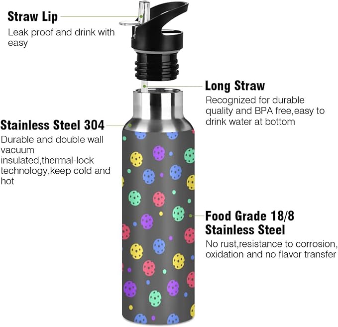 Colorful Pickleball Sports Water Bottle, Double Wall Vacuum Insulated Stainless Steel Water Bottle with Straw Keeps Hot and Cold, Bike Running Sports Travel Gym 20oz
