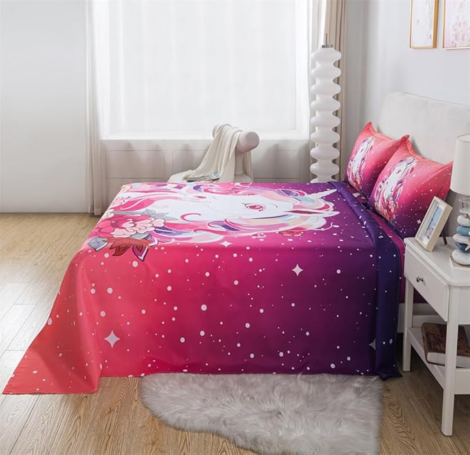 qjmiaofang Unicorn Sheets Full Girls Pink Unicorn Bed Sheet Set 3Pieces Rainbow Sheets Princess Unicorn Fitted Sheet Flowers Unicorn Flat Sheet with 1 Flat Sheet 1 Fitted Sheet 2 Pillow Shams
