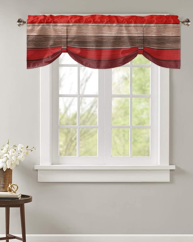 Farmhouse Blackout Tie Up Valance Curtains for Kitchen Windows, Christmas Red Brown Window Toppers Balloon Shades for Living Room/Bathroom/Bedroom,1 Panel,42" X 12" Retro Rustic Barn Wood Texture