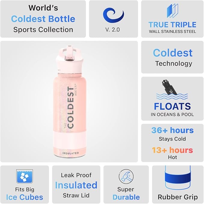 Coldest Sports Water Bottle with Straw Lid Vacuum Insulated Stainless Steel Metal Thermos Bottles Reusable Leak Proof Flask for Sports Gym (32 oz, Forever Pink Glitter)