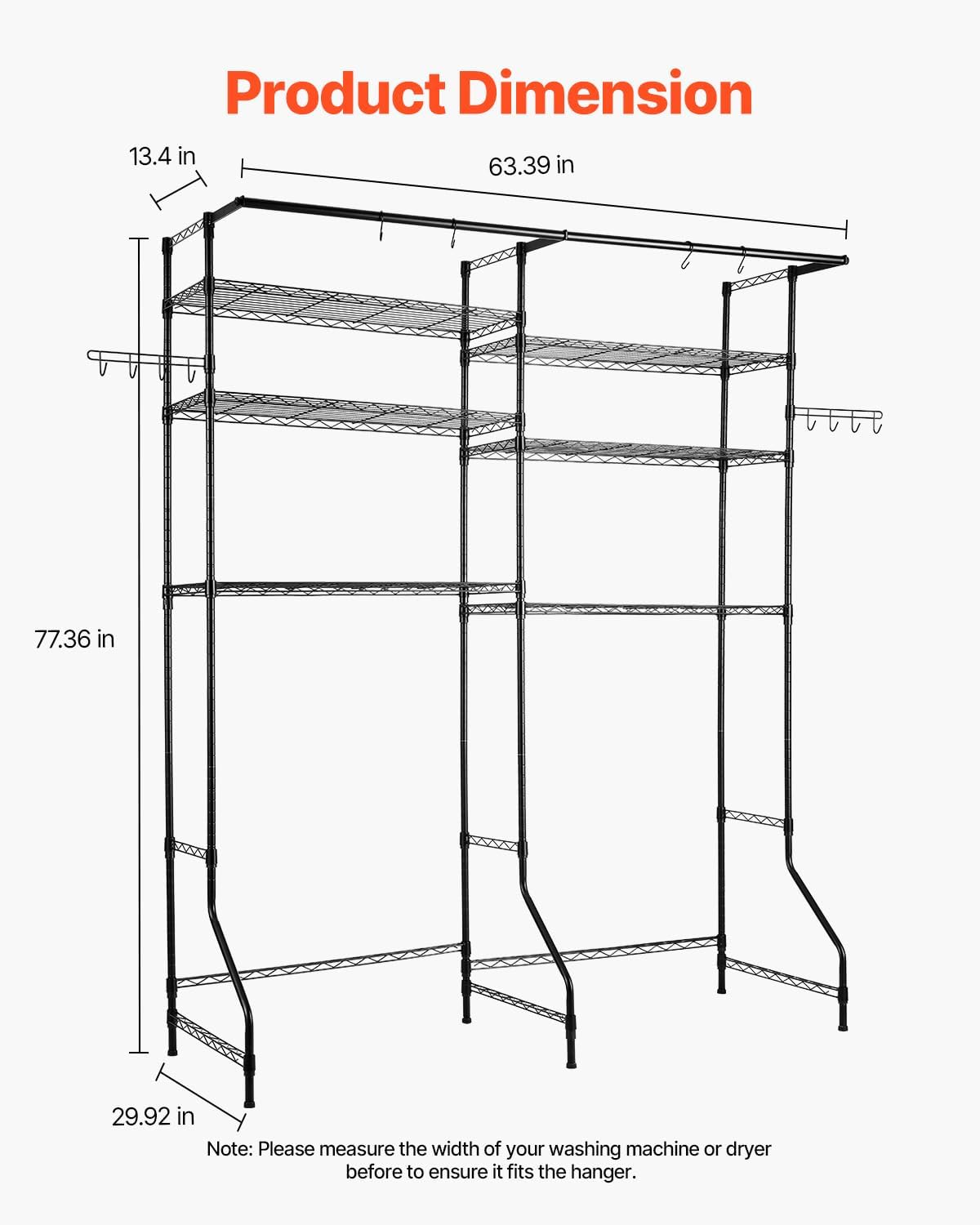 VEVOR Over The Washer and Dryer Storage Shelf, 6 Tier Laundry Room Drying Rack with Hanger Rod and Hooks, Adjustable Over Washer and Dryer Shelves, Laundry Room Shelf Storage Space Saver, Black