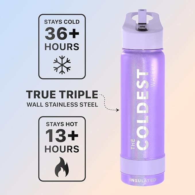 Coldest Sports Water Bottle with Straw Lid Vacuum Insulated Stainless Steel Metal Thermos Bottles Reusable Leak Proof Flask for Sports Gym (24 oz, Saturn's Moon Purple Glitter)