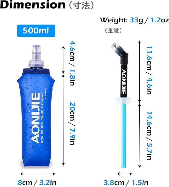 TRIWONDER Collapsible Water Bottles TPU Soft Flask Running Bottles BPA-Free Sports Flasks for Hiking Climbing Camping (500ml/16.91oz with Straws - Pack of 2)