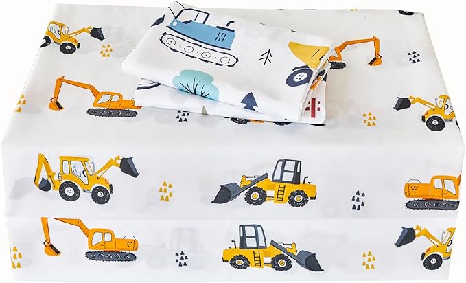 RYNGHIPY Twin Sheets Set Kids Boys: Construction Excavator Bed Sheet Set for Toddler Children - Deep Pocket Wrinkle Free Bedding Set (White Yellow,Twin)