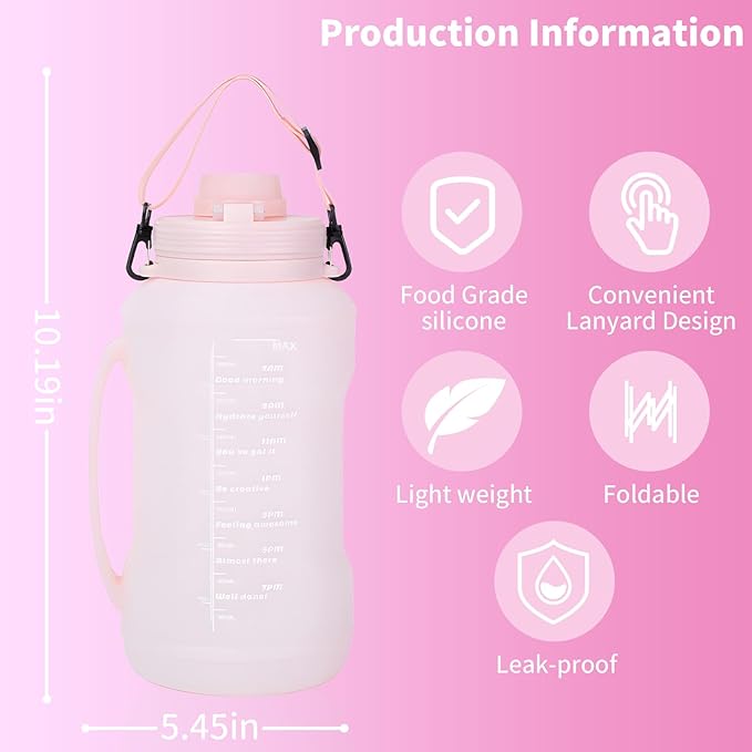 Collapsible 64oz Water Bottle with Handle & Straw - Spill-Proof Foldable Silicone Bottle for Men/Women (Pink, 2L)