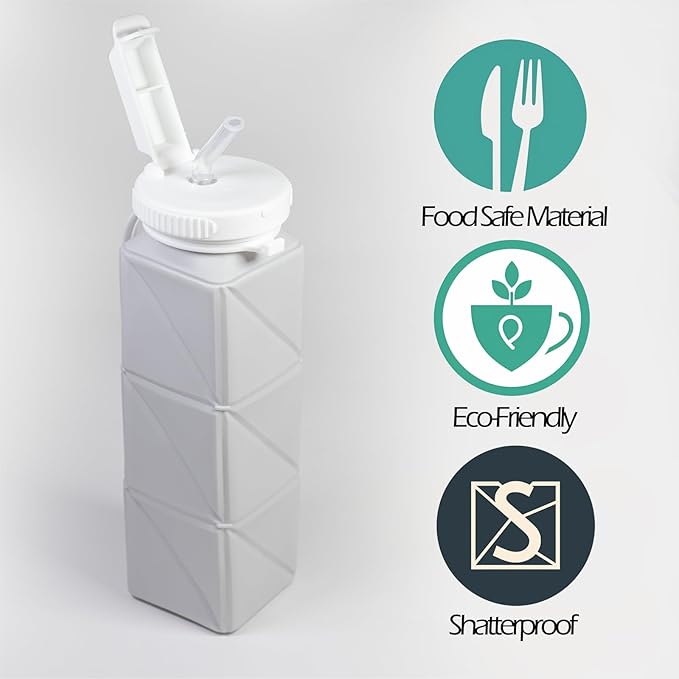Collapsible Water Bottle, Silicone Foldable Water Bottles For Travel, Easy-To-Carry Design And Compact Size, BPA Free, 20 oz (Grey (cuboid))