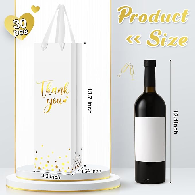 Ctosree 30 Pcs Wine Gift Bag for Wine Bottle Wedding Wine Thank You Gift Bag with Metallic Gold Foil Print Kraft Wine Paper Favor Bag with Attractive Rope Handle for Graduation Bottle(White)