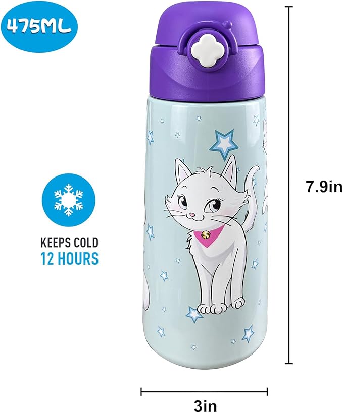 Kids Insulated Water Bottle with Covered Pop-Up Straw,16oz Kids Cups with Stainless Steel Leak Proof for School Boys Girls（Cat-Purple）