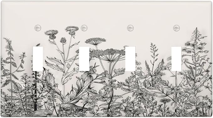 Vintage Grey Floral Herbs Wild Flowers Botanical Quad Toggle Boho Light Switch Covers Decorative Country Unique 4 Gang Wall Plate Electrical Faceplate Switchplate for Bedroom Decor