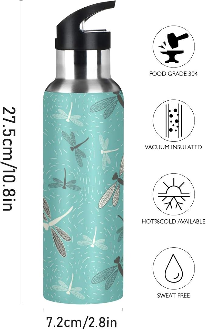 Blueangle Dragonfly Summer Green Sports Water Bottle, BPA-Free Stainless Steel Water Bottle with Straw, Leakproof, 22oz Bottle for Outdoor Hiking Camping Travel
