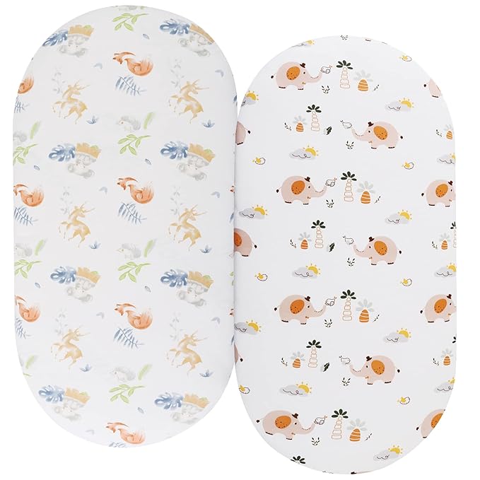Bassinet Sheets Compatible with SNOO Smart Sleeper, Dream On Me Lacy Portable and Safety 1st Sleeper Bassinet, 2 Pack, 100% Jersey Knit Cotton 190GSM, Ultra Soft Breathable, Fox Deer and Elephant
