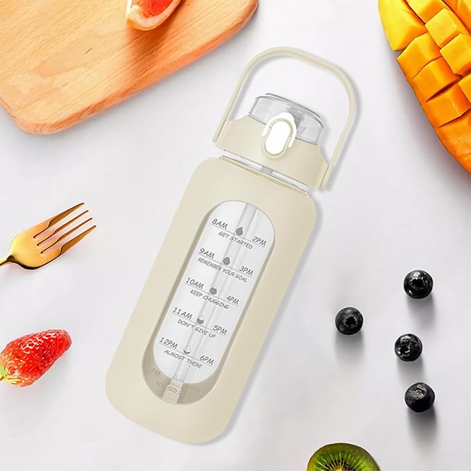 64oz Glass Water Bottle with Straw - Half Gallon Large Motivational Water Bottle with Silicone Sleeve Time Marker, Ideal for Gym, Sports, Workouts, Daily
