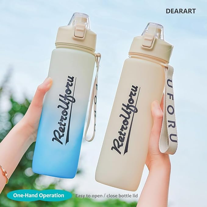 DEARART 32oz Water Bottle With Motivational and Time Marker, BPA FREE Quick Drink No Straw, Easy Clean Suit Sports Office Gym School, Cream&White