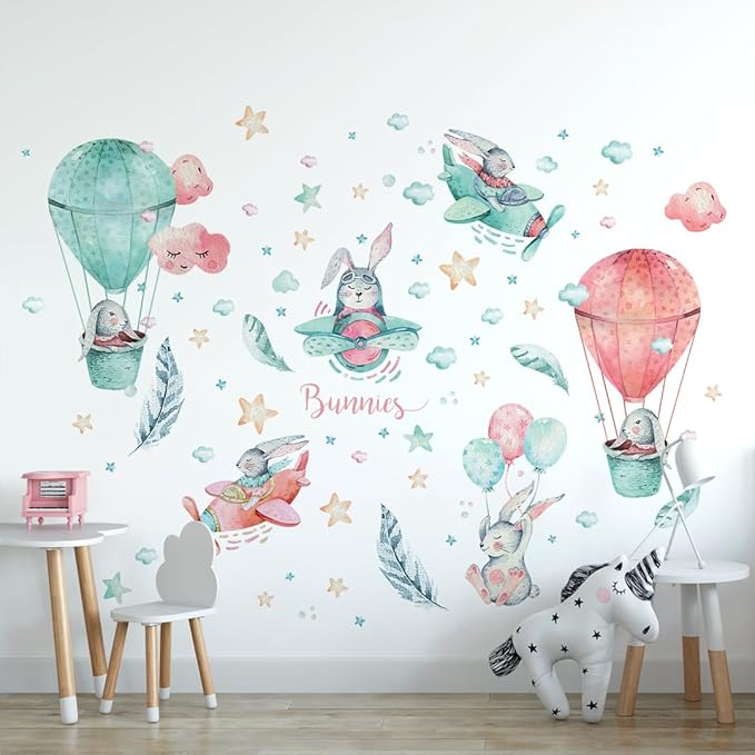 Bunny Wall Decals for Kids by Lipastick - Rabbits Wall Stickers Peel and Stick - Hot Air Balloon Wall Decals for Girls Boys Kids Baby Nursery Room Bedroom - Bunies Wall Decor Aircraft S Size