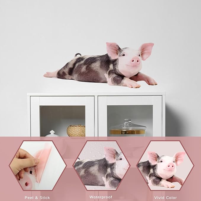 Funny Piggy Wall Sticker Realistic Pig Wall Decal Peel Stick, Removable Vinyl Piggy Wall Mural Sticker Funny Gift for Friends Kitchen Kids Playroom Wall Art Decor