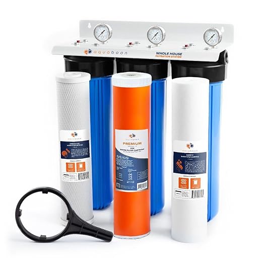 Aquaboon 3-Stage Whole House Water Filter System w/ 5 Micron Water Filter 20" x 4.5" |Sediment & KDF & CTO Carbon Water Filter| White Coated Bracket, Wrench & Pressure Gauge & Release Button (1" Port)