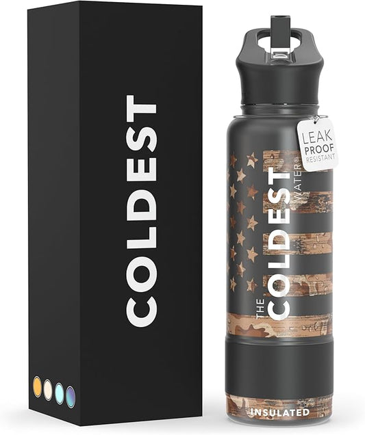 Coldest Sports Water Bottle with Straw Lid Vacuum Insulated Stainless Steel Metal Thermos Bottles Reusable Leak Proof Flask for Sports Gym (40 oz, Camo Flag)