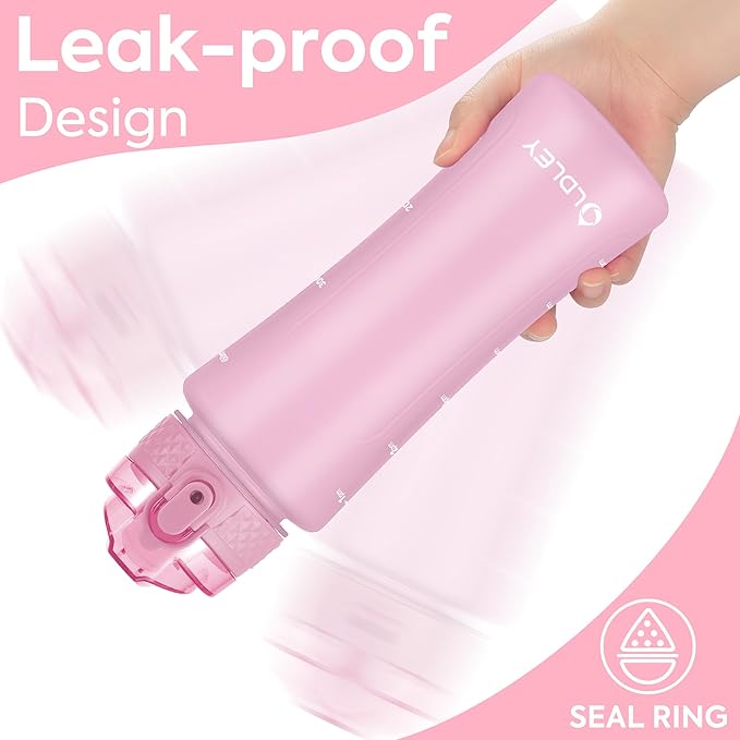 OLDLEY Water Bottle with Straw & Chug Lid for Kids Girls Child, 15 oz Leak-Proof BPA-Free Motivational Water Bottles with Time Marker for School Travel Sports Gym, 2 Lids, Candy Pink