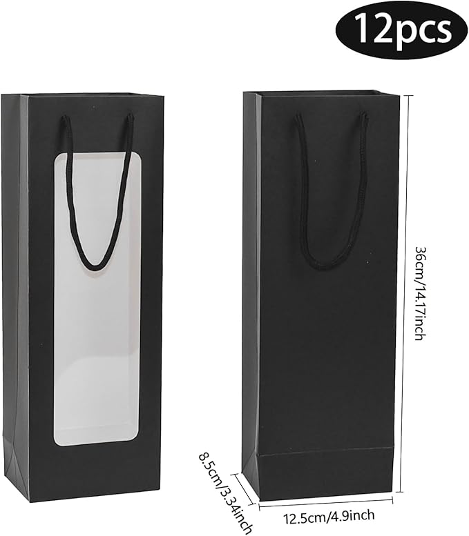 Ssyuysto 12 Pcs Black Wine Gift Bag with Window 4.9" x 3.34" x 14.1" Kraft Paper Wine Bags with Windows Flower Wrapping Bag Transparent Window Bags for Birthday Wedding Party Gift (Black)