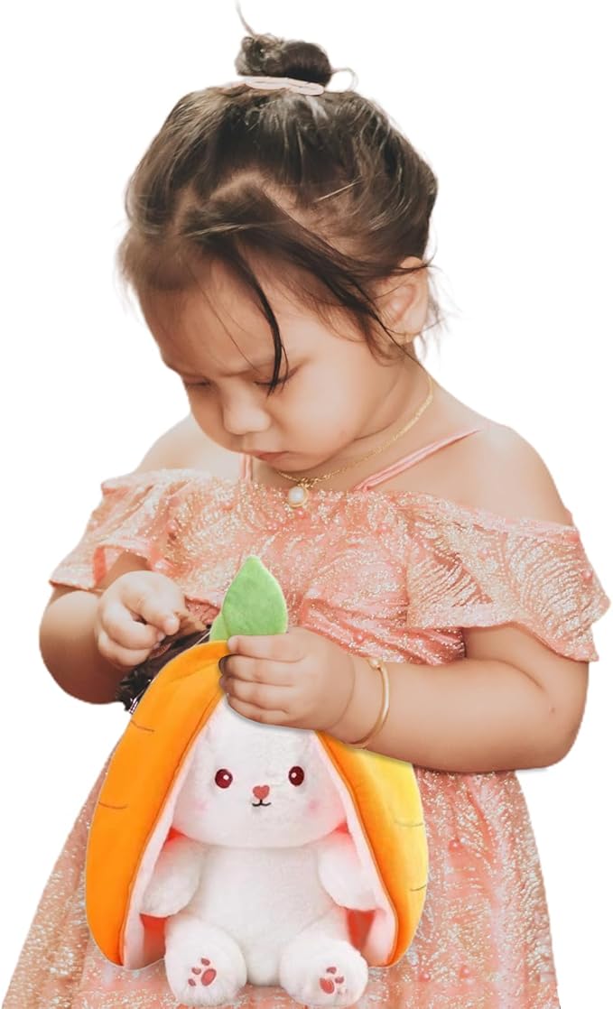 Novelty Bunny Stuffed Animal - Reversible Cuddle Bunny Plush Doll with Zipper Cute Soft Rabbit Toys Pillow for Kids and Adults Easter Bunnies Plushies Gifts (Yellow-Carrot,9.8 inch)