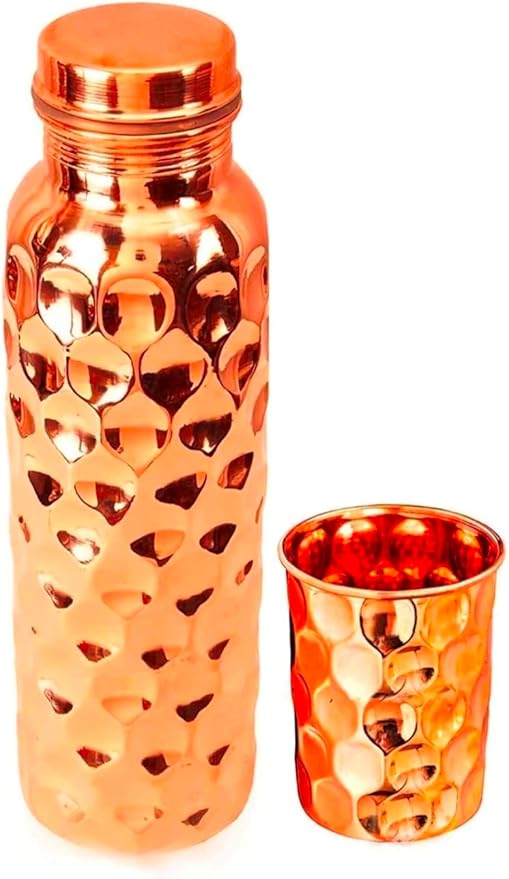 Copper Water Drinking Bottle Ayurvedic Health Benefits Diamond Pattern Water Bottle (1 Bottle and 1 Glass)