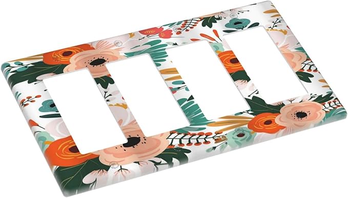 Rustic Floral Boho Colorful Flower 4 Gang Rocker Decora Light Switch Cover Outlet Covers Wall Plate Decorative Switchplate Electrical Faceplate GFCI for Farmhouse Bathroom Bedroom Kitchen Decor