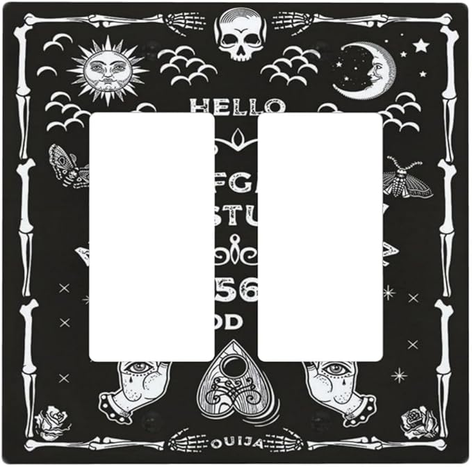 Black Witchy Skeleton Skull Gothic Sun Moon 2 Gang Rocker Decora Novelty Light Switch Covers Decorative Unique Dual Outlet Covers Wall Plate Electrical Faceplate Switchplate GFCI