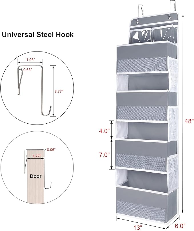 Univivi Over the Door Organizer, 5 Shelf Door Hanging Organizer Nursery Door Storage with 4 Large Compartments and 2 Small PVC Pockets 6 Side Pockets for Bathroom,Cosmetics and Nursery Baby Essential