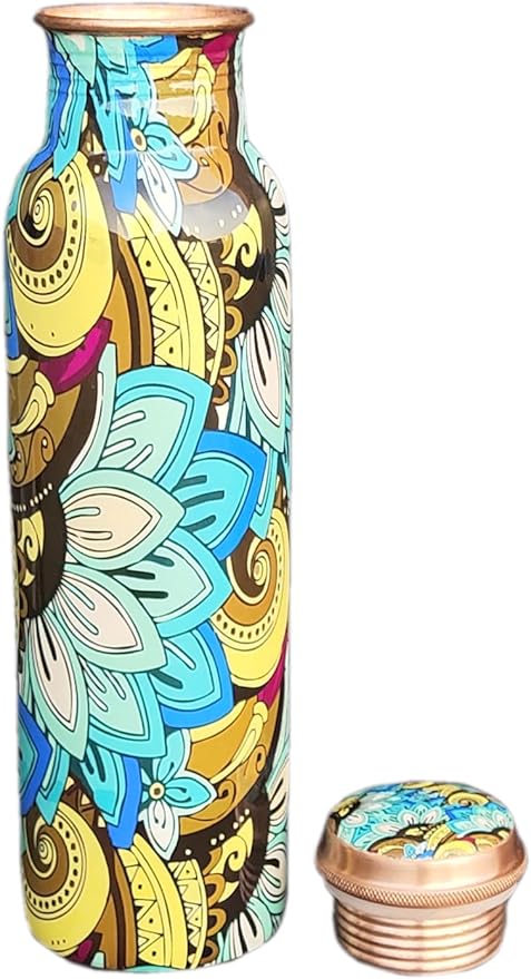 Copper Ayurveda Copper Water Bottle for Drinking – Travel Water Bottle for Gym, Yoga, Office, Hiking, Outdoor – with Lid (Teal black floral)
