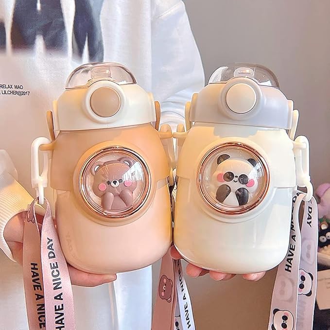 Kawaii Water Bottle with Straw,Travel Cute Water Bottles with Adjustable Strap Leak Proof BPA Free Wide Mouth Water Cup with Lid for Girls(Brown)