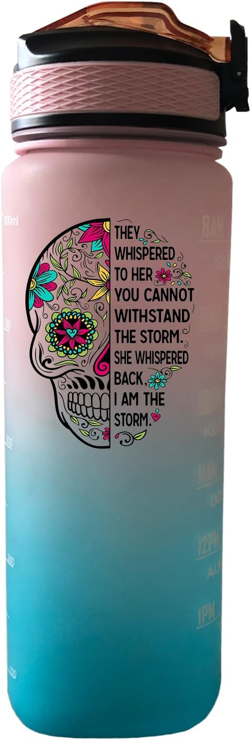 I Am The Storm Sugar Skull 32 OZ Drinking Water Bottle with Times to Drink and Straw, Motivational with Carrying Strap, Leakproof BPA & Toxic Free, Ensure You Drink Enough Water for Outdoor